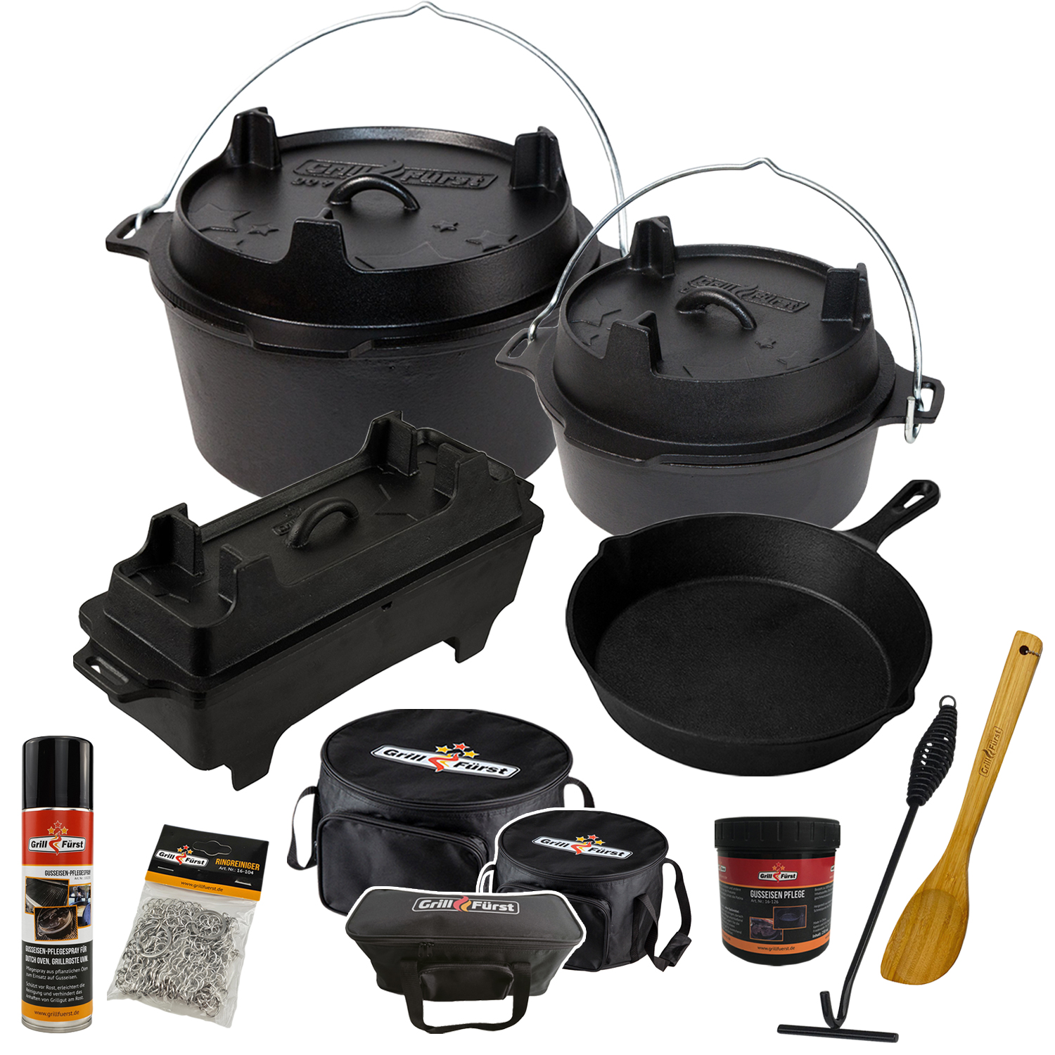 Grillfuerst-Gusseisen-Dutch-Oven-Starterset-Paket.jpg XXL Dutch Oven Set / Starterpaket zum Dopfen – Bild 1